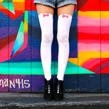 Load image into Gallery viewer, White Bow Thigh High Socks