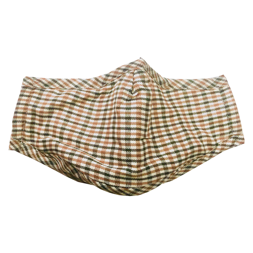 Beige Cottagecore Plaid Face Mask with Filter Pocket, Nose Wire and Adjustable Straps