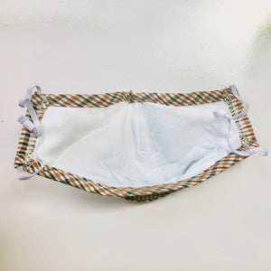 Beige Cottagecore Plaid Face Mask with Filter Pocket, Nose Wire and Adjustable Straps